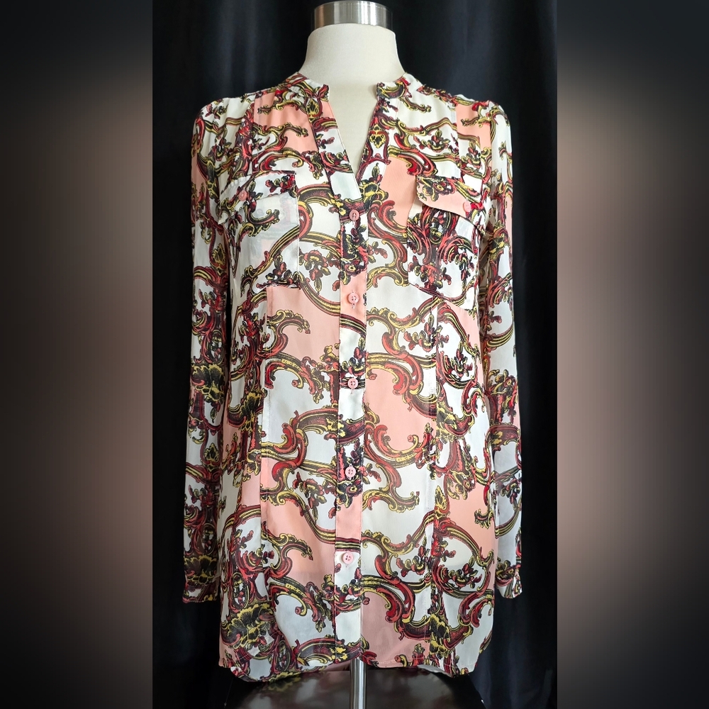 Candies Women's Top Pink‎ Red Gold Sheer Long Sleeve Hi-Lo Size Small